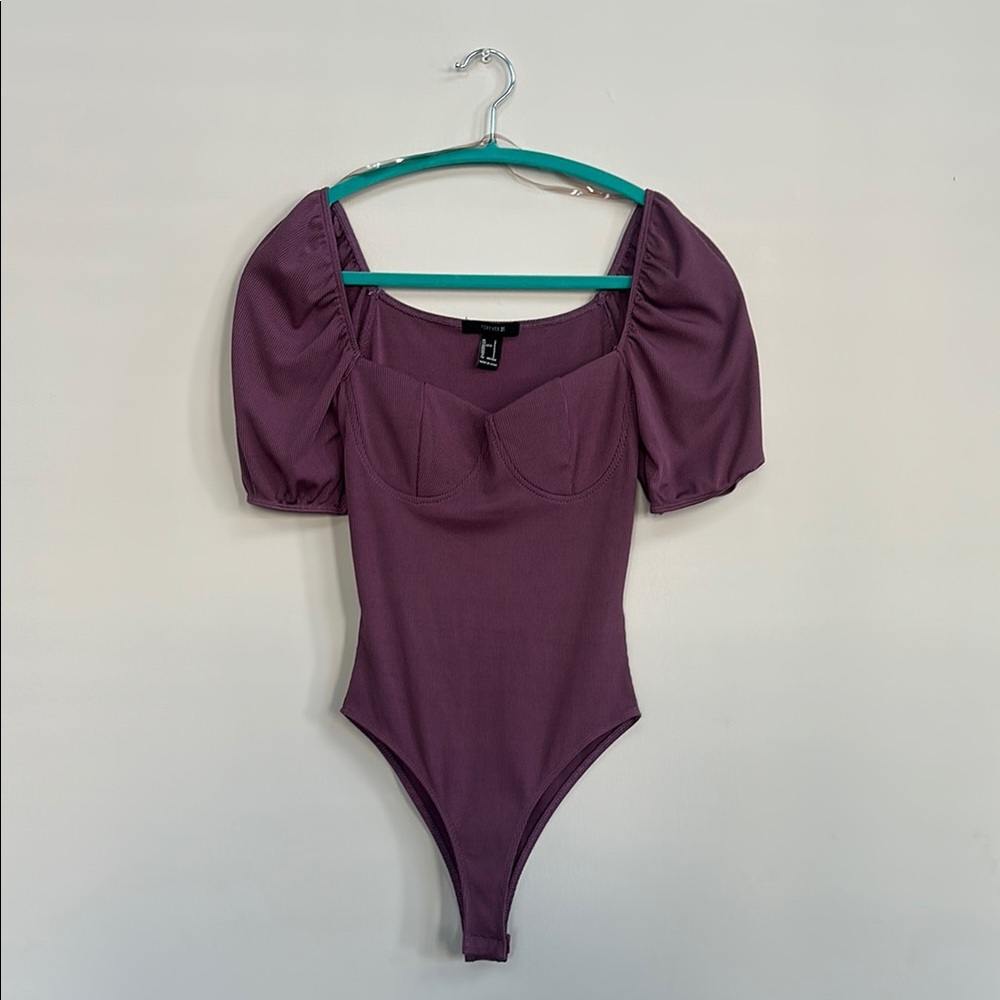 Purple Puffed Sleeve Bodysuit with Square Neckline